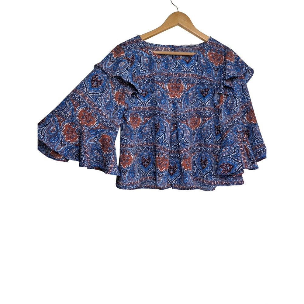 JACK BY BB DAKOTA Paisley Ruffle Sleeve Button Back Blouse Womens S Blue Boho